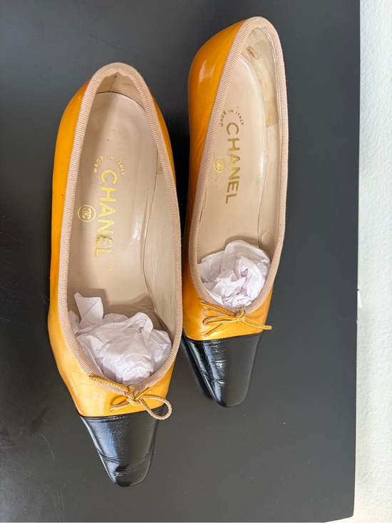 CHANEL Shoes - CHANEL Two-Tone Yellow and Black Leather Cap-Toe Ballet Flats